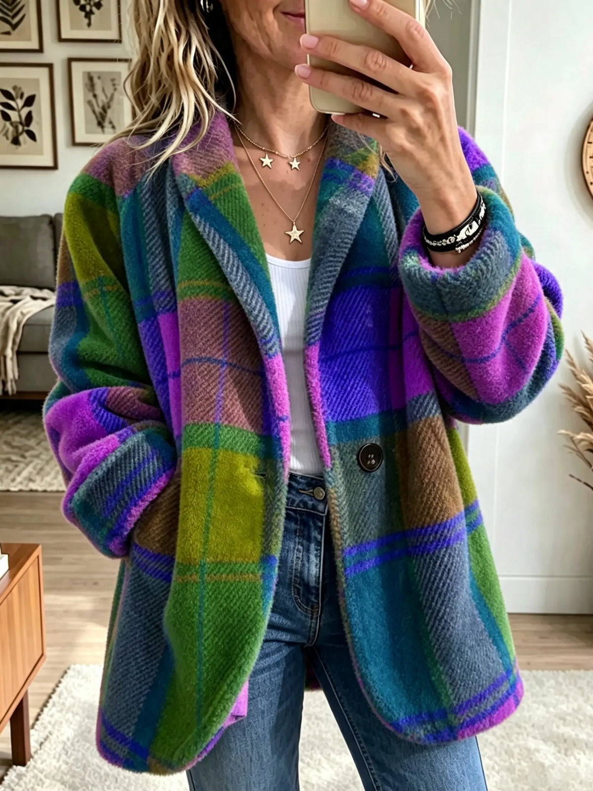 Entspannte Fleecejacke mit Karo und kräftigem Farbblock-Muster