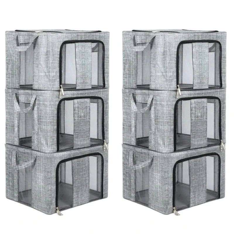 3/6er Pack 66L Große Aufbewahrungsbox für Kleidung mit Metallrahmen, Sichtfenster, Faltbare Boxen