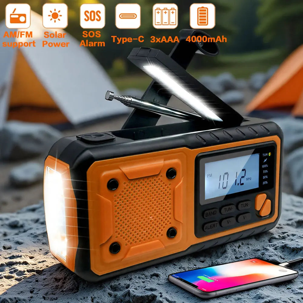 4000mAh Solar-Notfallradio mit Handkurbel – AM/FM Wetterradio, LED-Leselampe und Handy-Ladegerät