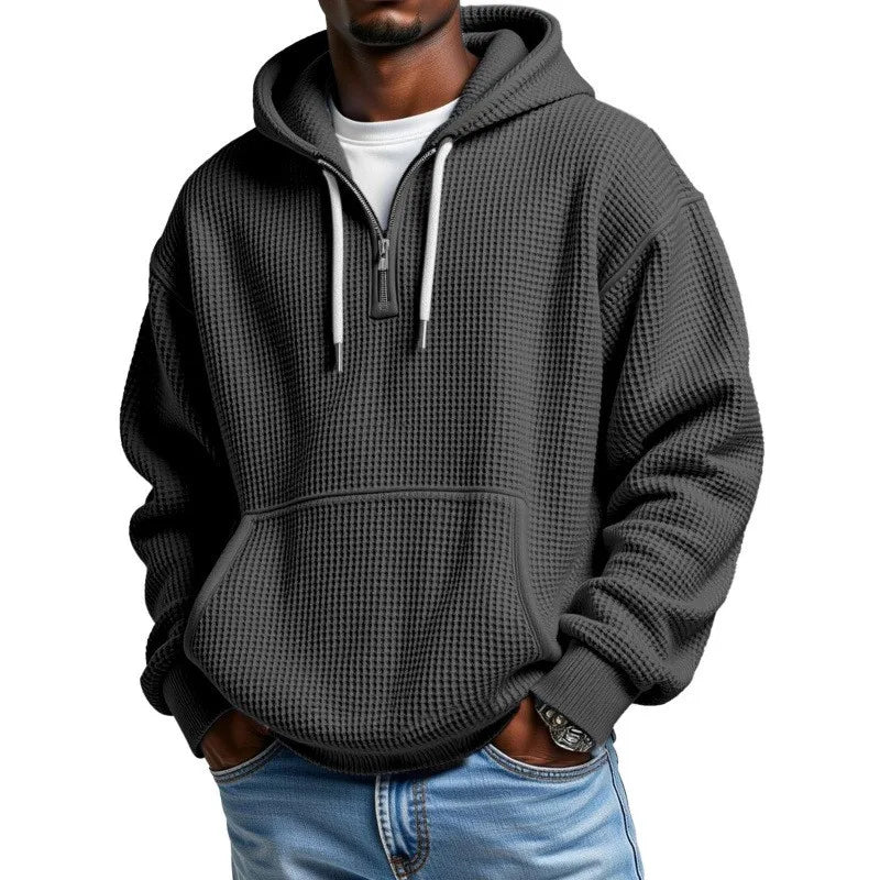 Sweatshirt mit dezenter Waffle-Textur, Kapuze und Halbreißverschluss