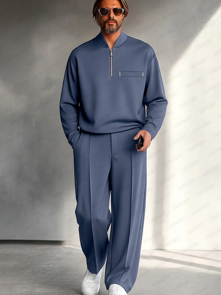 Herren Half-Zip Zweiteiler – Entspanntes Langarmoberteil und Hose mit weitem Bein für Smart Casual
