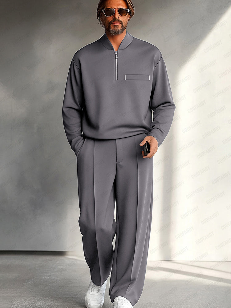 Herren Half-Zip Zweiteiler – Entspanntes Langarmoberteil und Hose mit weitem Bein für Smart Casual