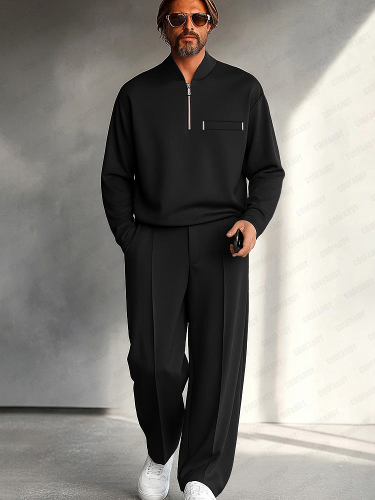 Herren Half-Zip Zweiteiler – Entspanntes Langarmoberteil und Hose mit weitem Bein für Smart Casual