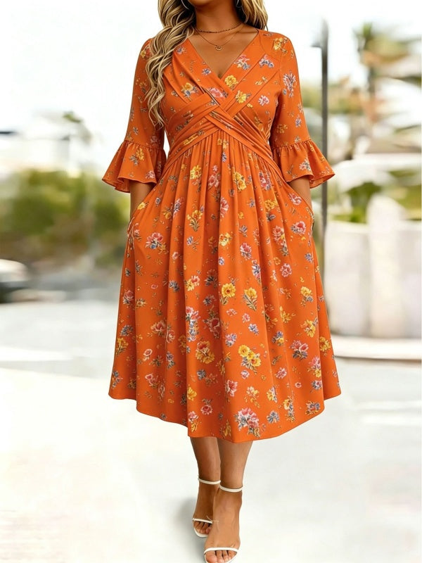 Wickelkleid mit Bindeband in der Taille und Taschen, Midi-Länge