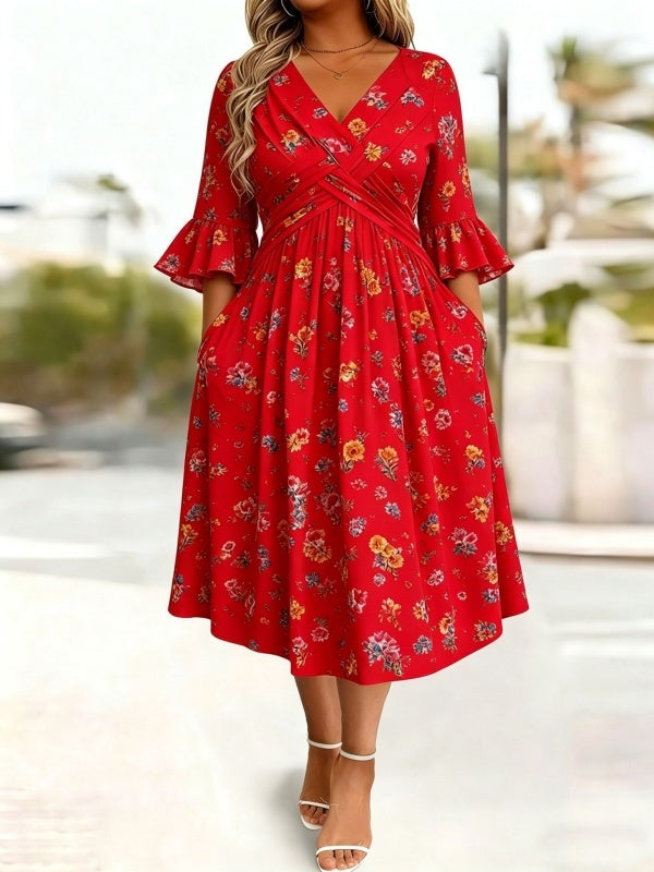 Wickelkleid mit Bindeband in der Taille und Taschen, Midi-Länge