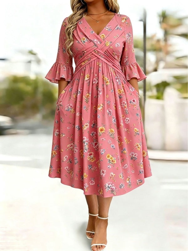 Wickelkleid mit Bindeband in der Taille und Taschen, Midi-Länge
