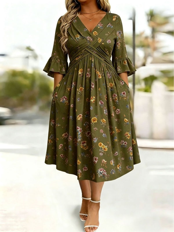 Wickelkleid mit Bindeband in der Taille und Taschen, Midi-Länge