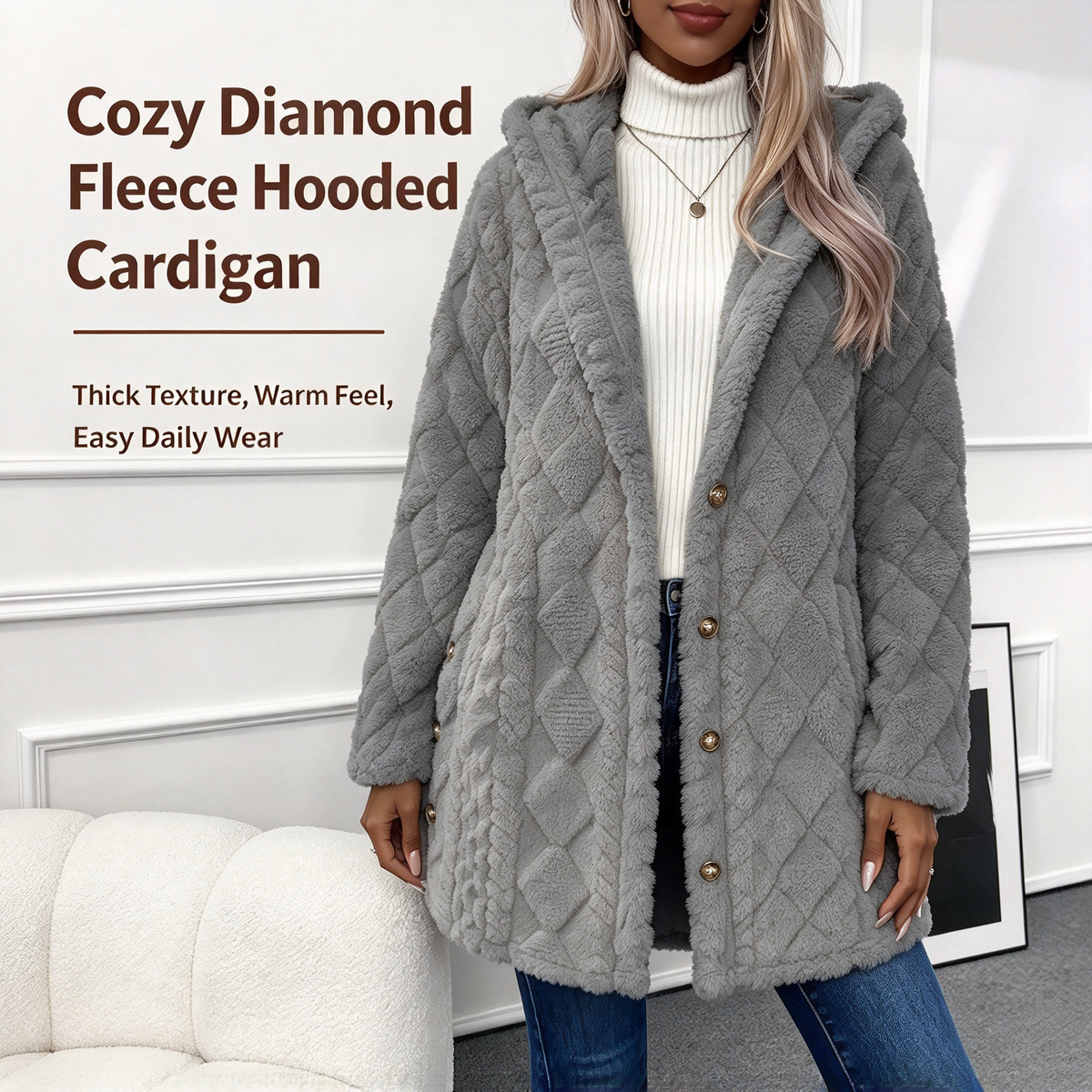 Damen Kapuzen Doppelseitige Fleece Strickjacke Langarm Lässig Warm Oberbekleidung