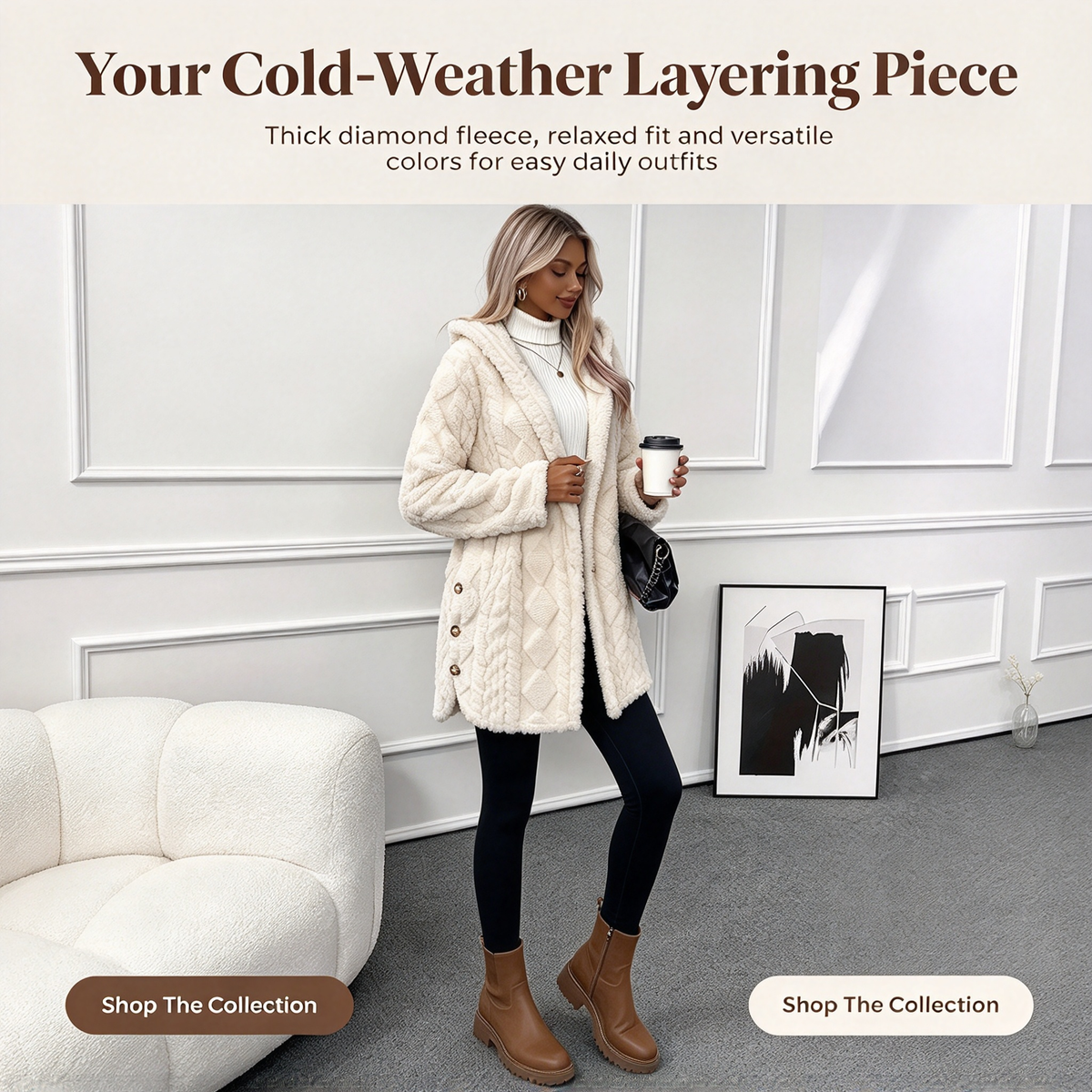 Damen Kapuzen Doppelseitige Fleece Strickjacke Langarm Lässig Warm Oberbekleidung