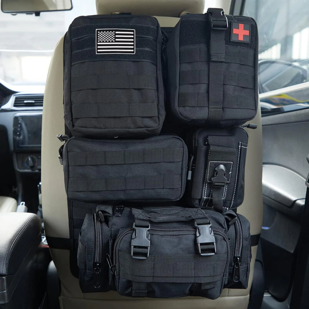 Taktischer Rücksitz-Molle-Organizer mit 5 abnehmbaren Molle-Taschen