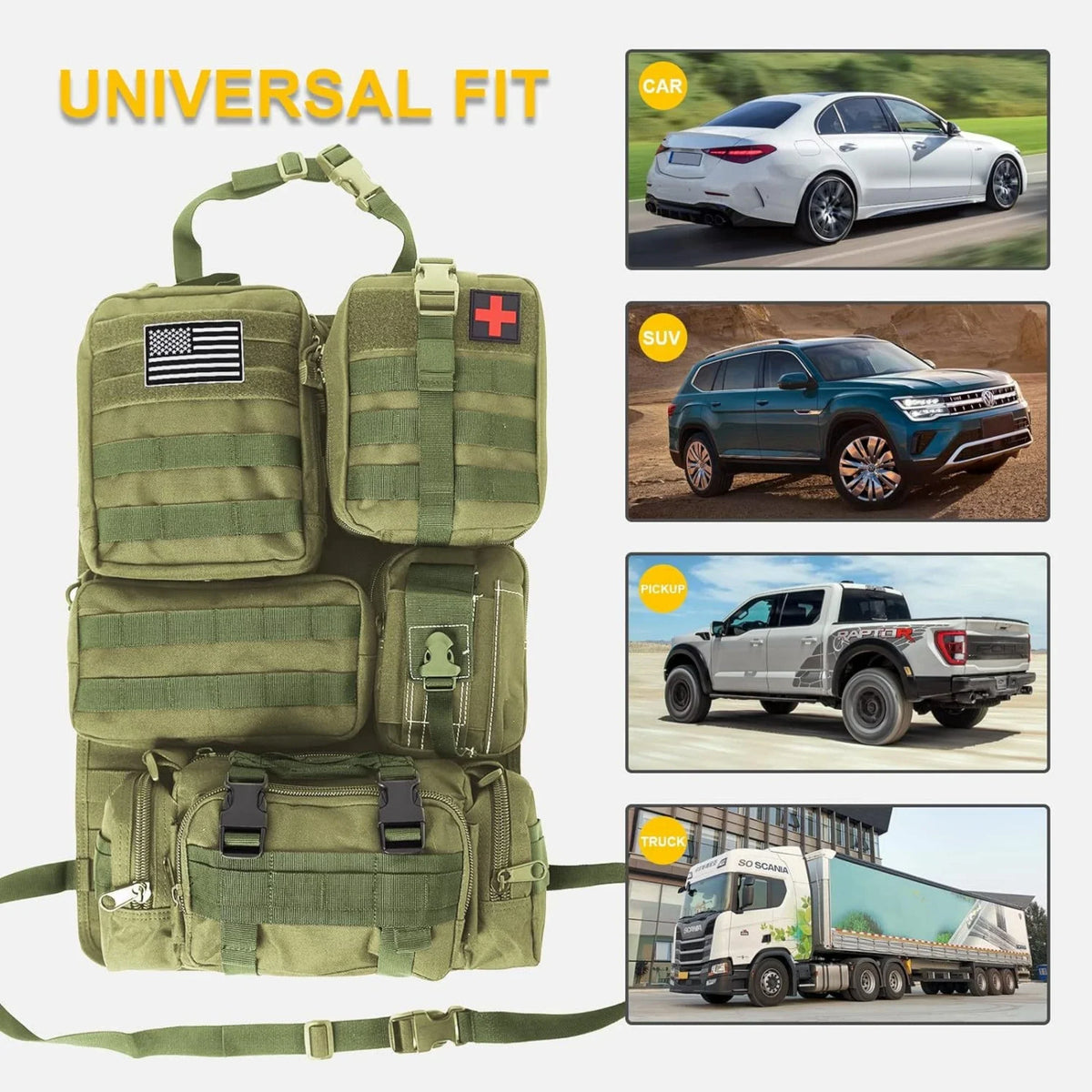 Taktischer Rücksitz-Molle-Organizer mit 5 abnehmbaren Molle-Taschen