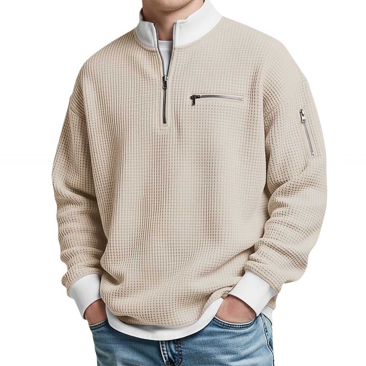 Pullover Herren | Waffelgestrickter Pullover mit halbem Reißverschluss