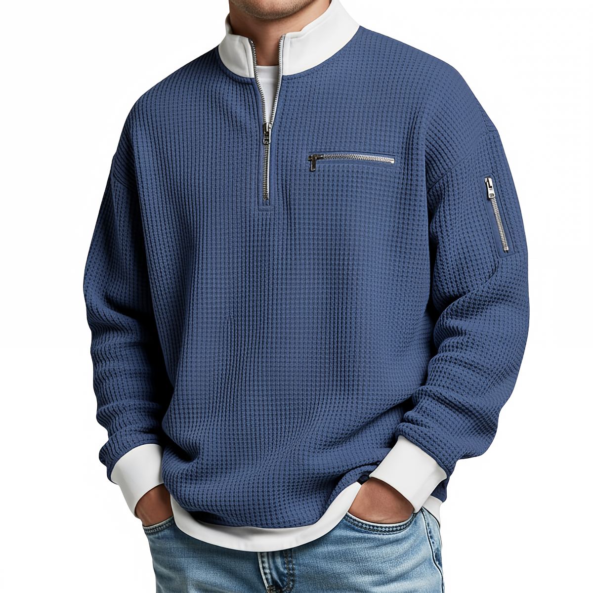 Pullover Herren | Waffelgestrickter Pullover mit halbem Reißverschluss