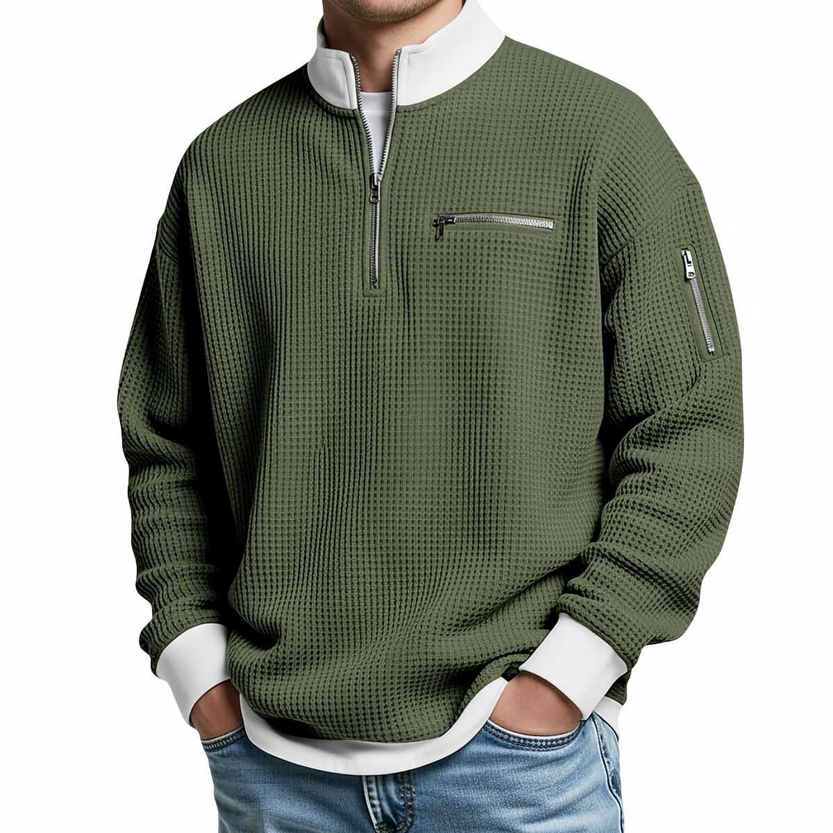 Pullover Herren | Waffelgestrickter Pullover mit halbem Reißverschluss
