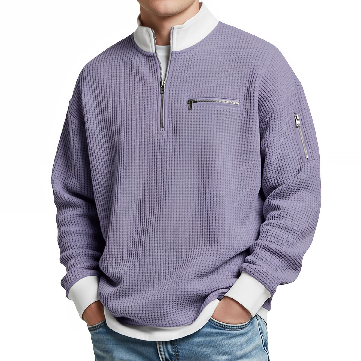 Pullover Herren | Waffelgestrickter Pullover mit halbem Reißverschluss