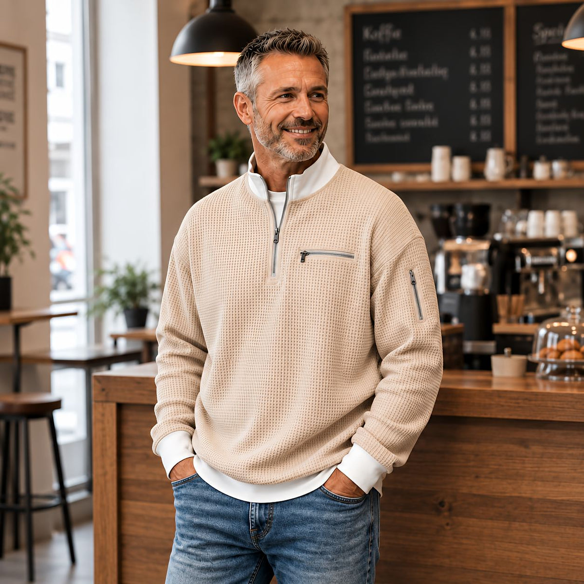 Pullover Herren | Waffelgestrickter Pullover mit halbem Reißverschluss