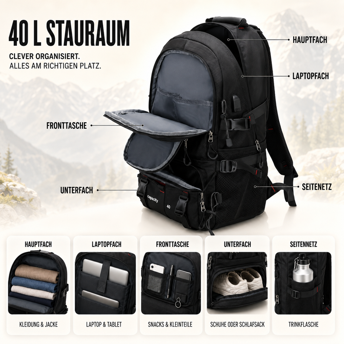 Camp Basel | BergTrail Pro 40L Wanderrucksack mit USB-Anschluss