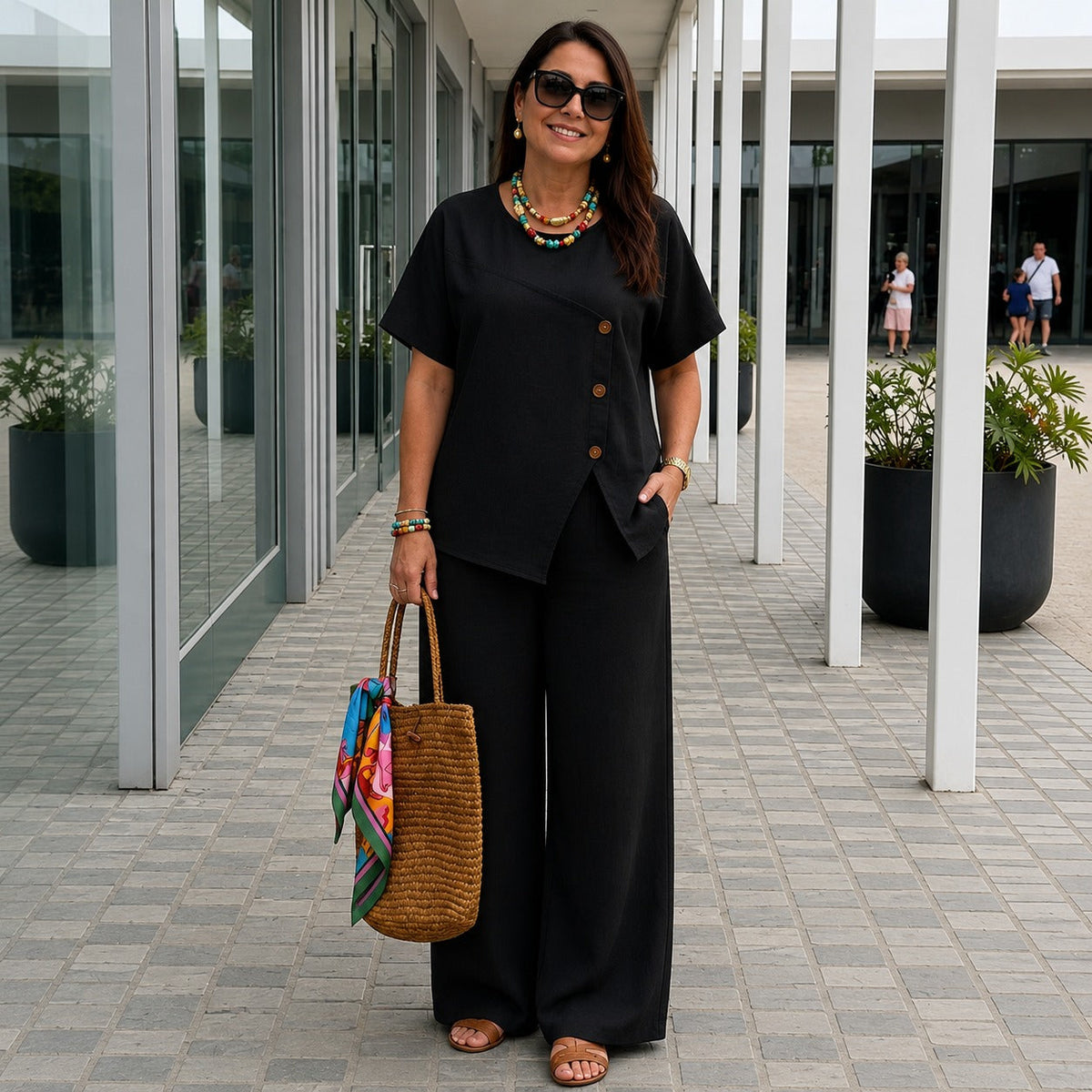Ensemble aus Baumwollleinen mit asymmetrischer Bluse und fließender Palazzo-Hose