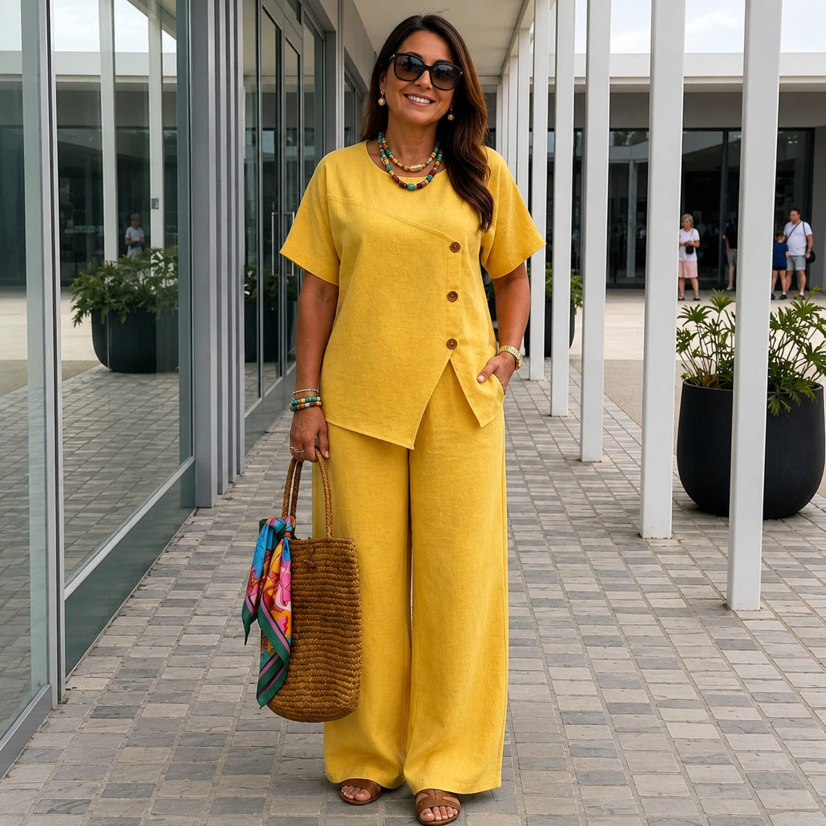 Ensemble aus Baumwollleinen mit asymmetrischer Bluse und fließender Palazzo-Hose