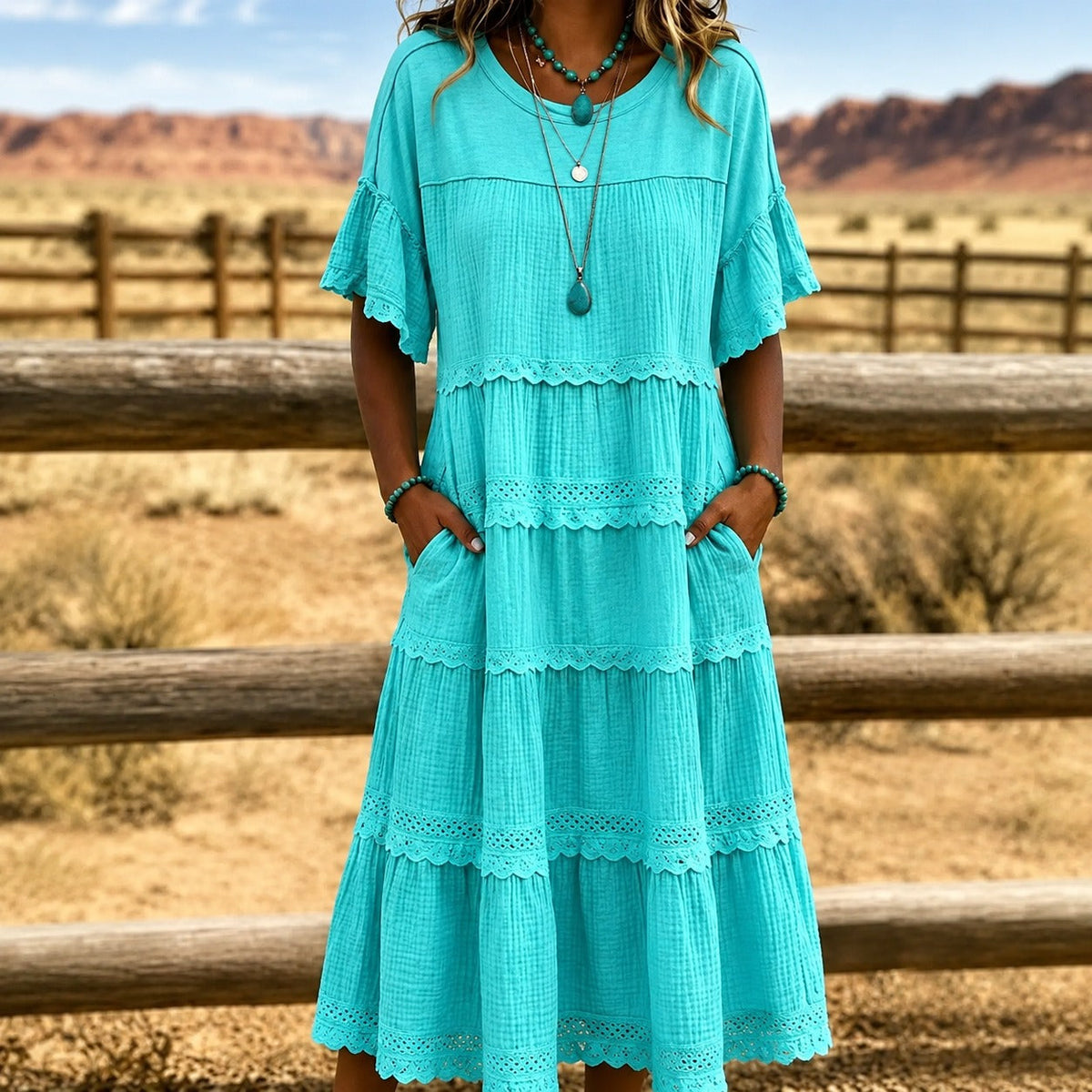 Kleid mit geschichteter Modellierung, Spitze und Seitentaschen