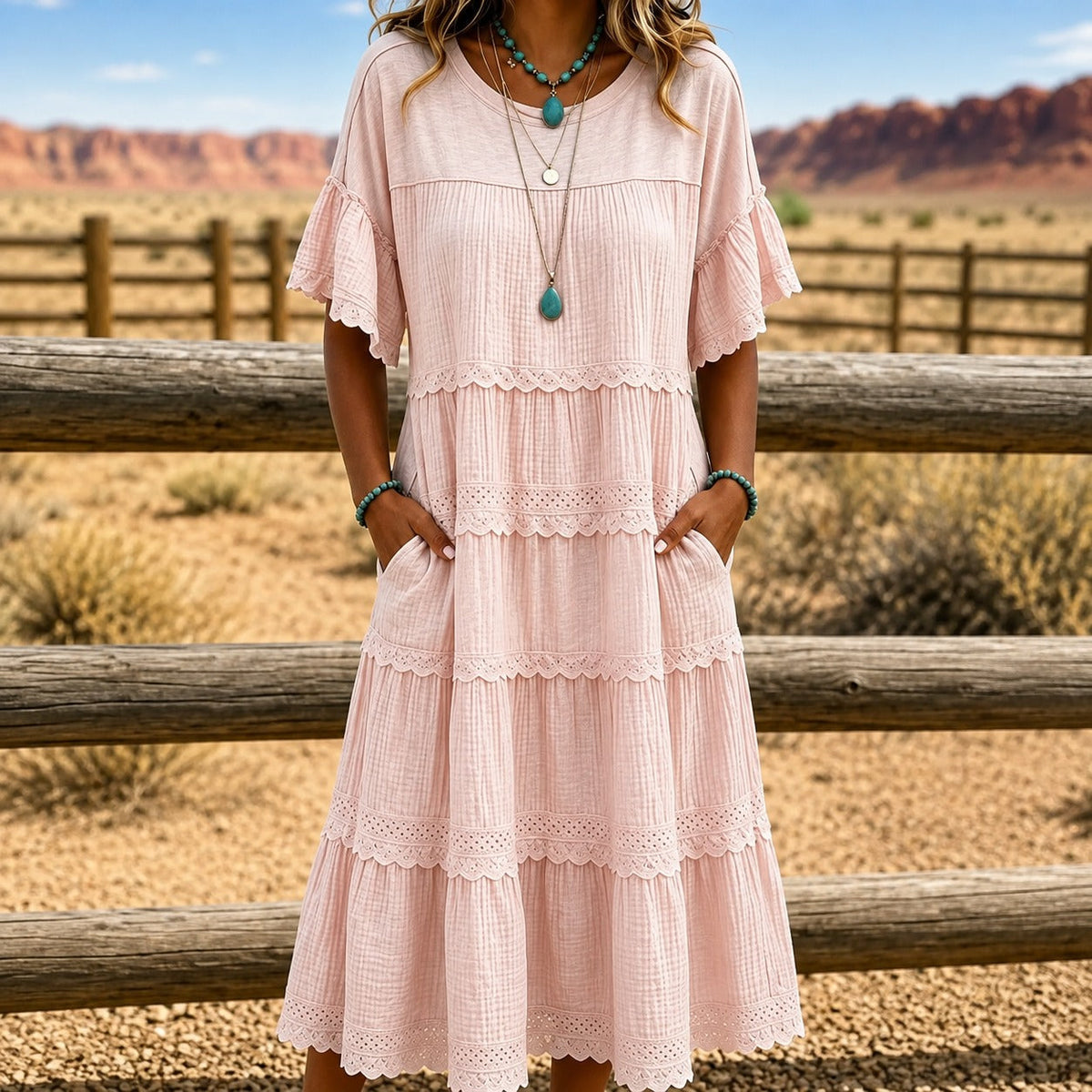 Kleid mit geschichteter Modellierung, Spitze und Seitentaschen