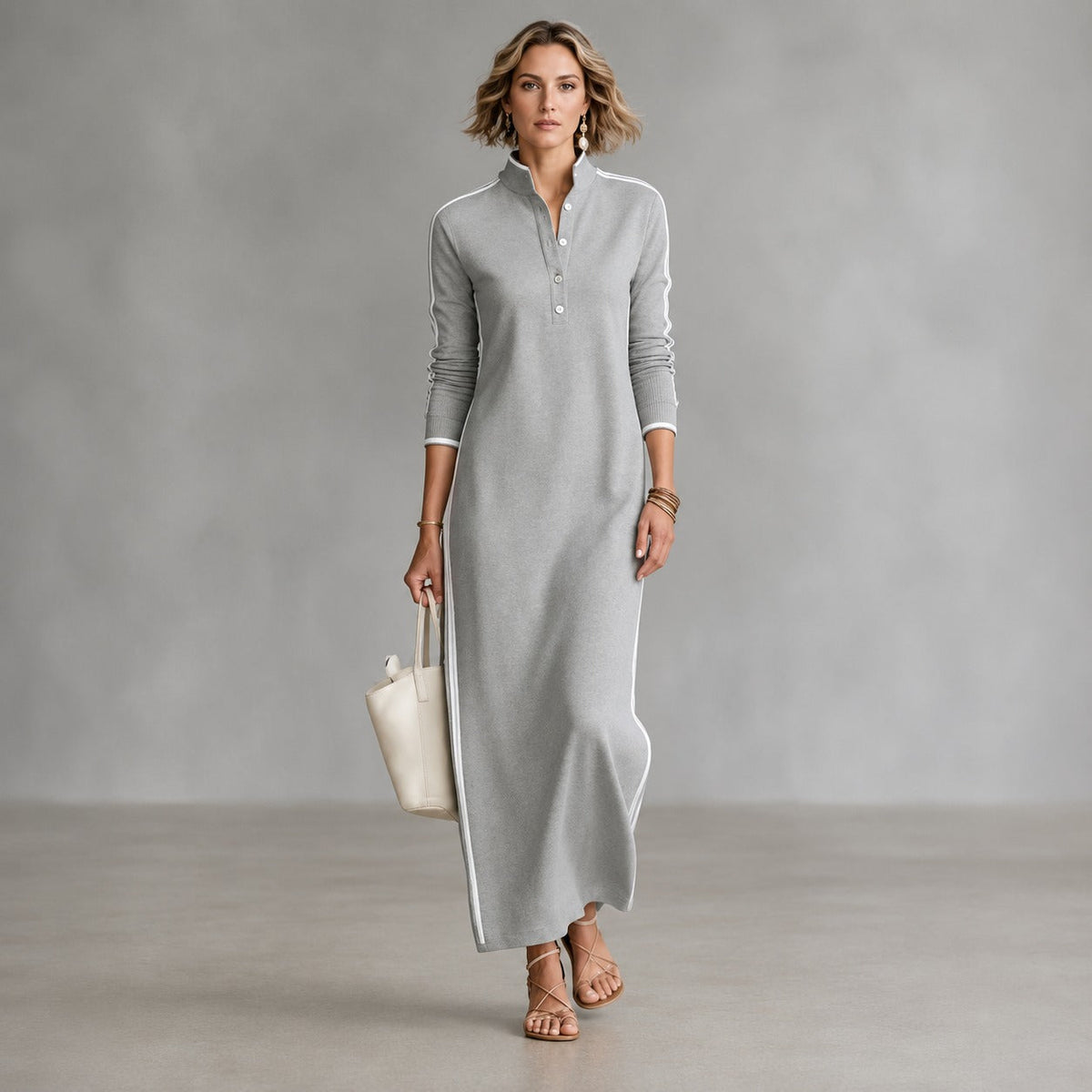 Kleid mit Polokragen, seitlichen Streifen und langer Schnittform