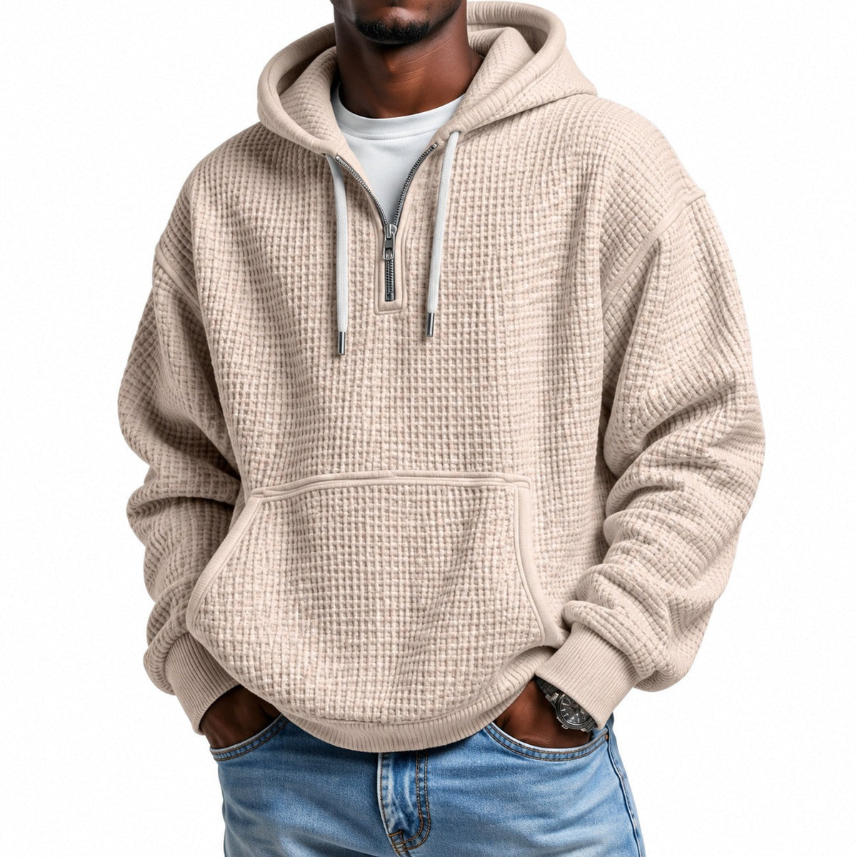 Sweatshirt mit dezenter Waffle-Textur, Kapuze und Halbreißverschluss