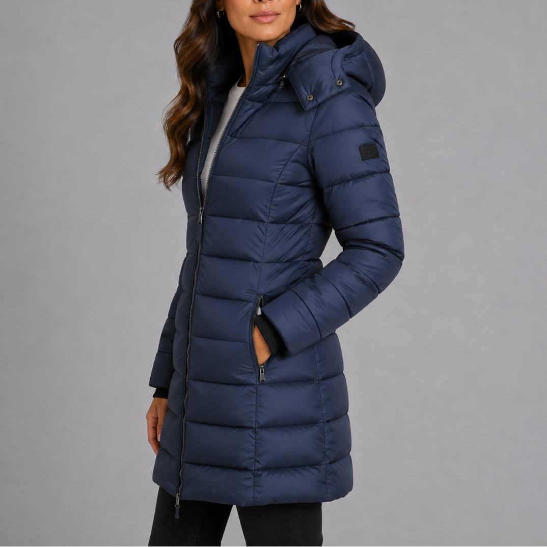 Damen Longline Kapuzen-Puffermantel mit gestepptem Finish und durchgehendem Reißverschluss