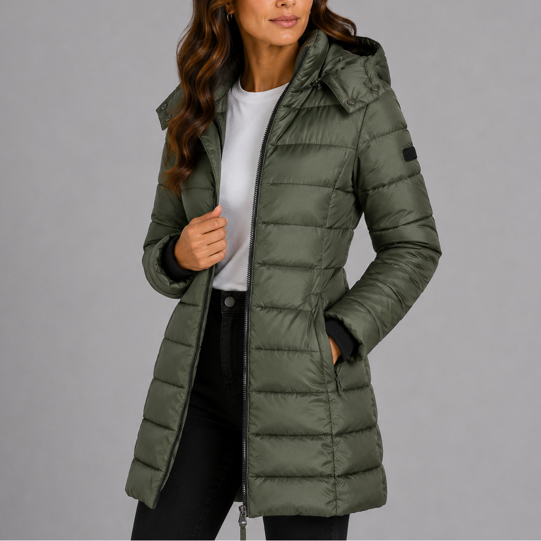 Damen Longline Kapuzen-Puffermantel mit gestepptem Finish und durchgehendem Reißverschluss