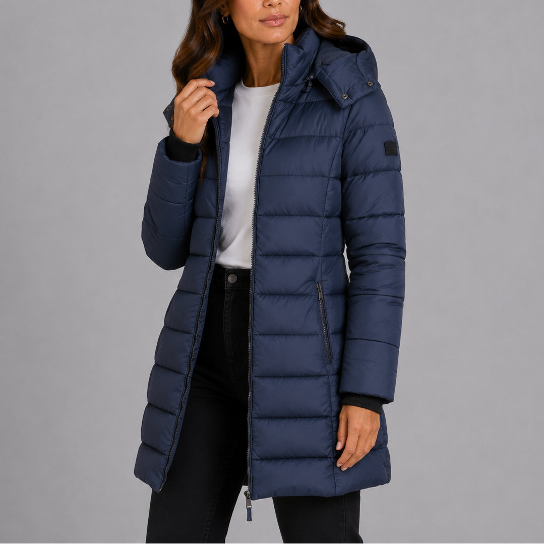 Damen Longline Kapuzen-Puffermantel mit gestepptem Finish und durchgehendem Reißverschluss