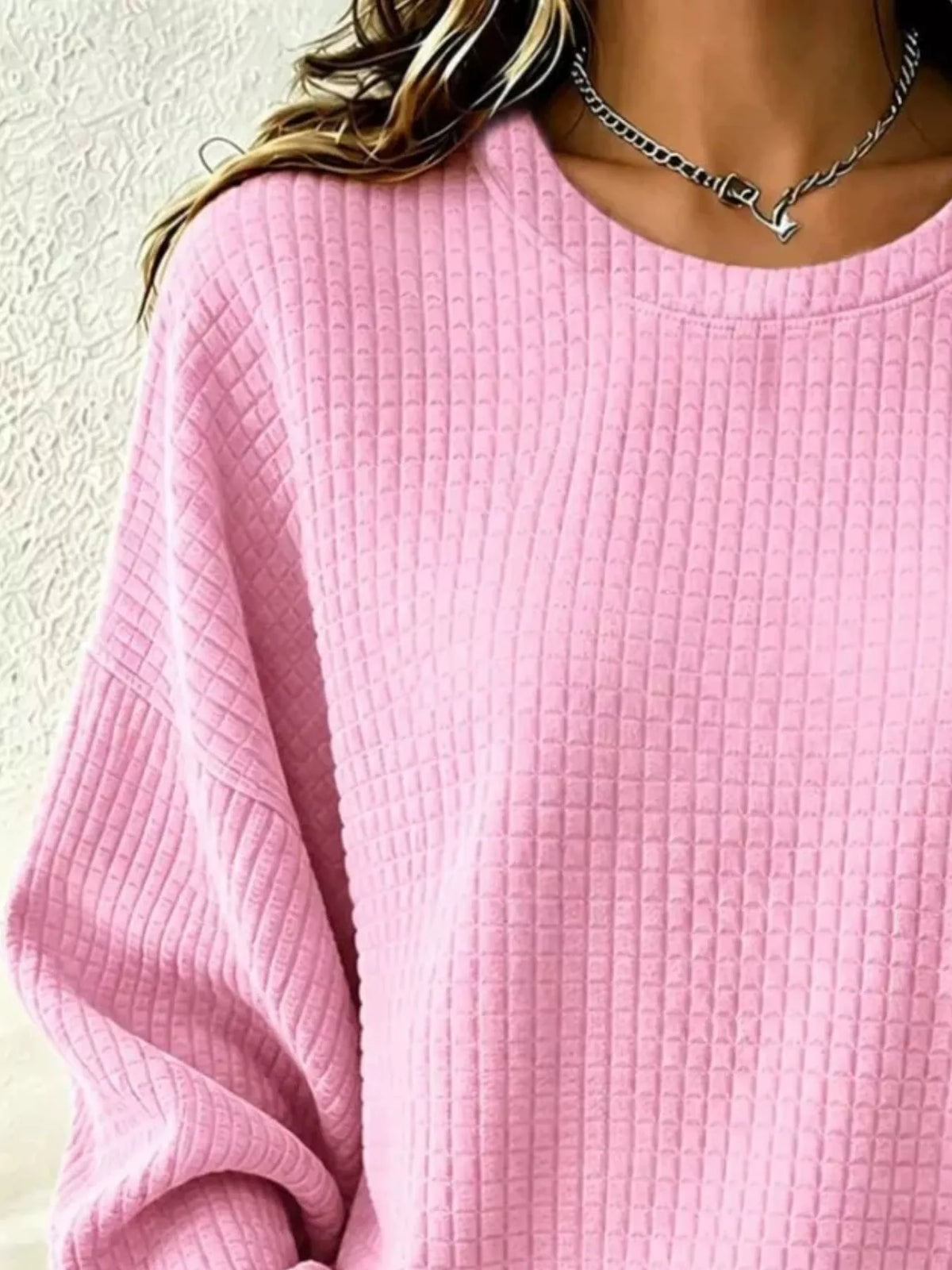 Waffelstrick Langarm Rundhals Sweatshirt in Übergrößen
