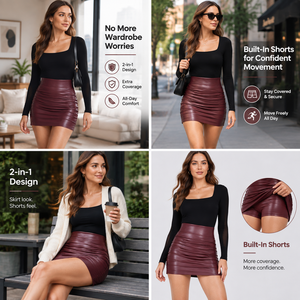 Hochgeschnittener Bauchkontrolle Geraffter Gesäumter 2-in-1 Fleece PU Mini Bodycon Rock