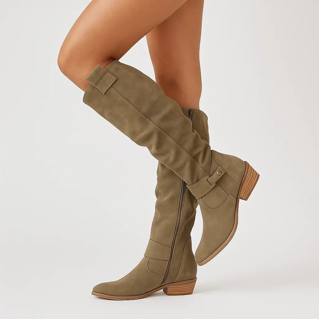 Kniehohe Wildlederstiefel mit Blockabsatz für Damen