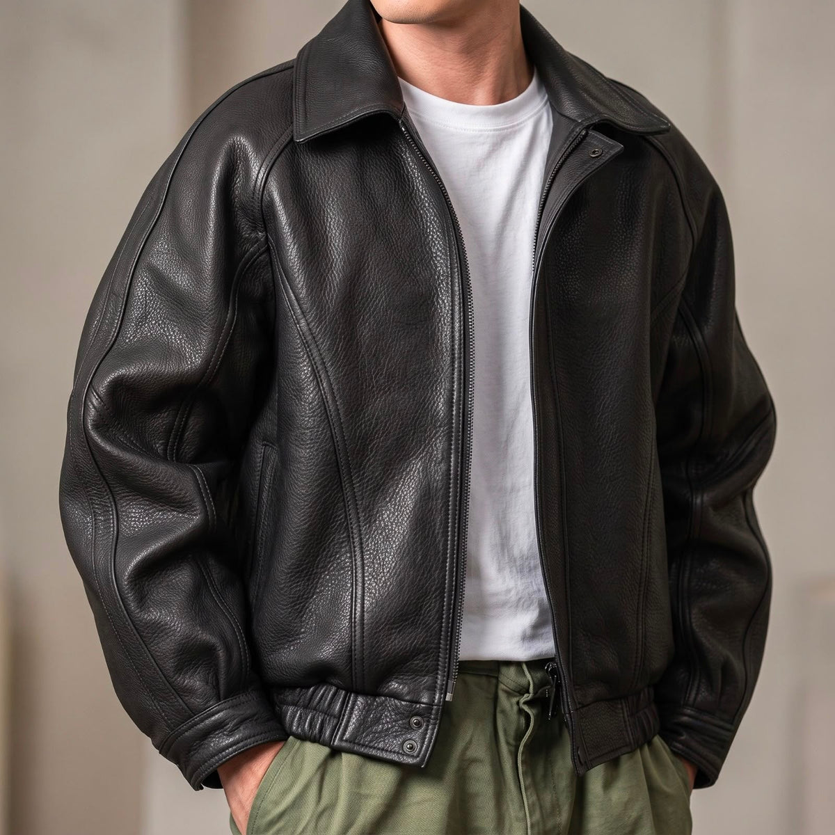 Herren Lederjacke mit Reißverschluss – Strukturierte Jacke mit Kragen für Frühling und Herbst