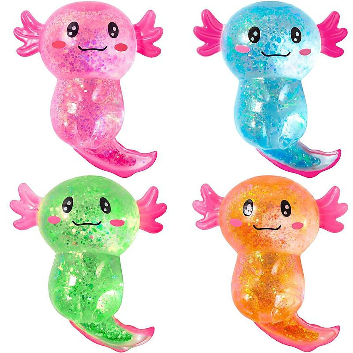 Axolotl Squishy 4er-Pack, langsam aufgehende Glitzer-Stressspielzeuge