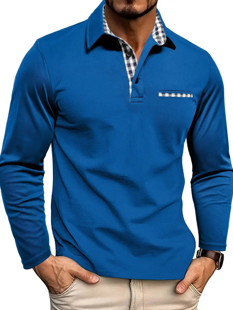 Langarm-Poloshirt mit Karo-Kontrastkragen