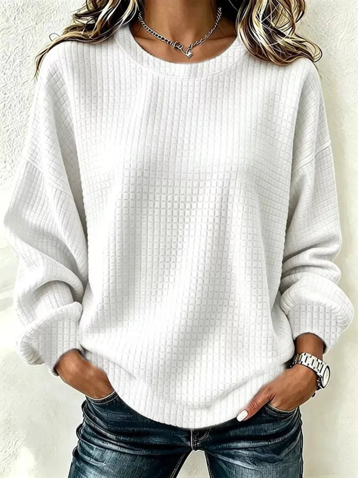 Waffelstrick Langarm Rundhals Sweatshirt in Übergrößen