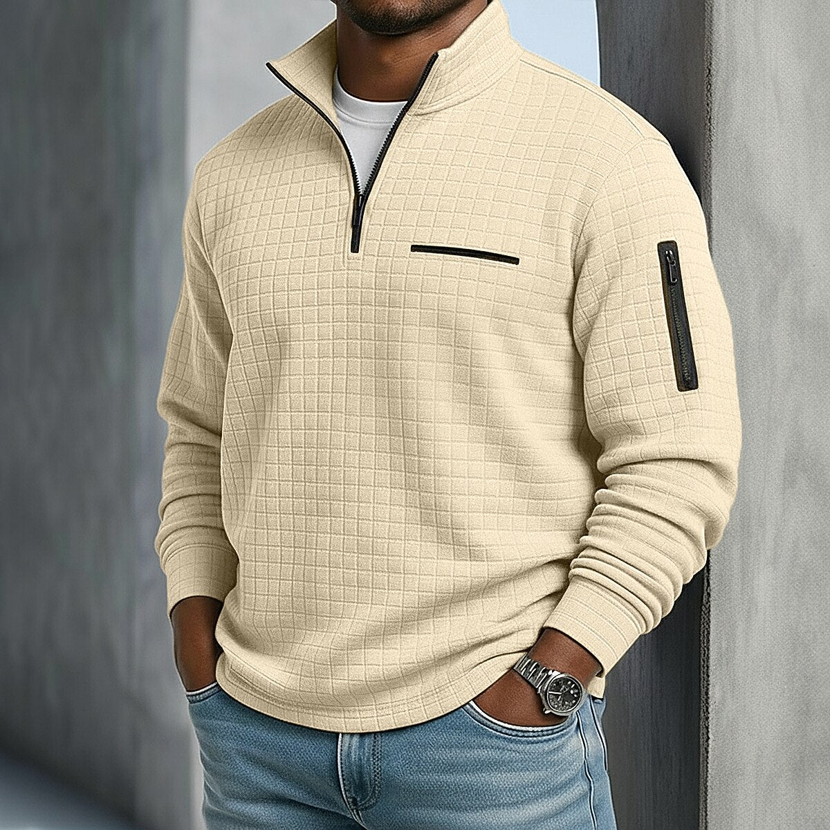 Klassisches Waffle-Poloshirt mit Viertel-Reißverschluss