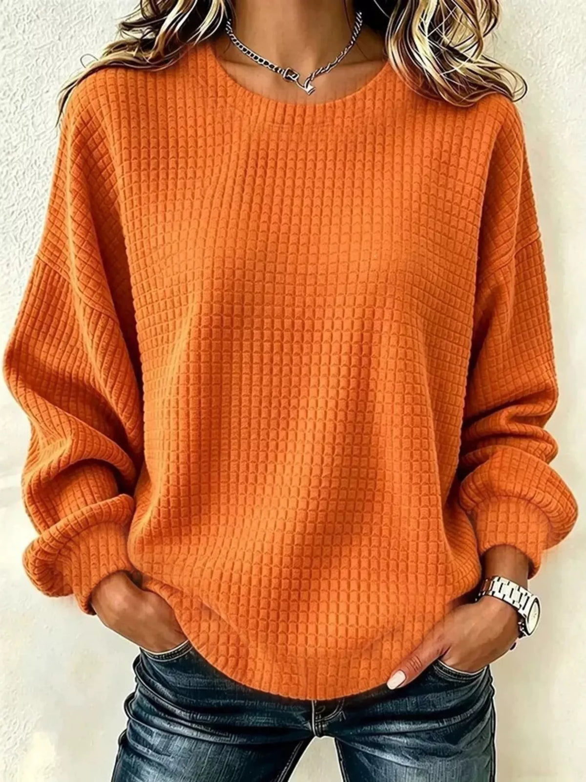 Waffelstrick Langarm Rundhals Sweatshirt in Übergrößen