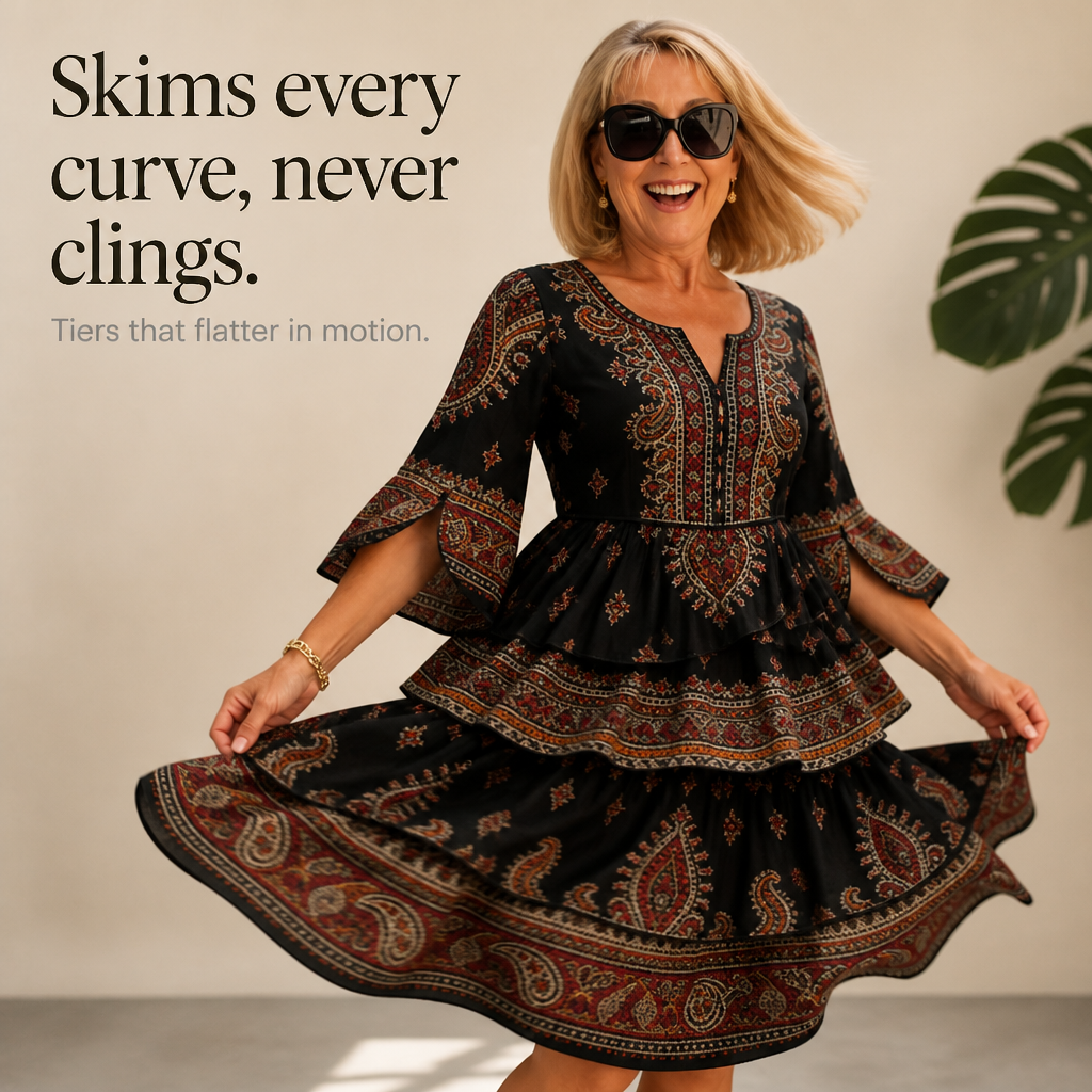 Gestufte Midi-Kleid mit Paisley-Druck und geschlitzten Ärmeln