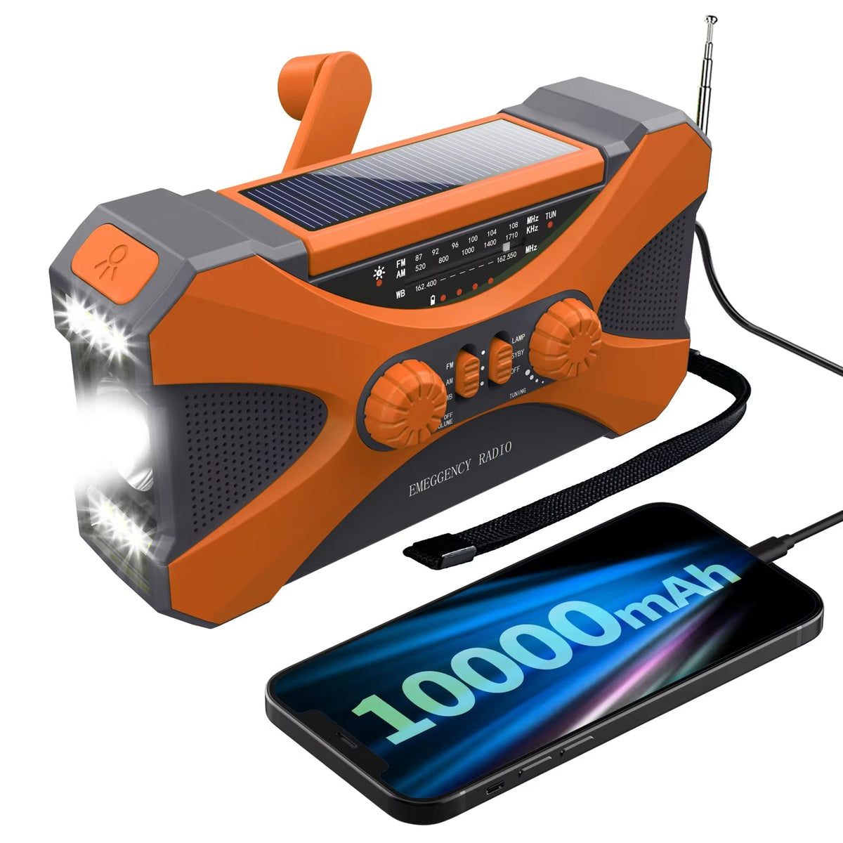 Notfall-Radio mit Handkurbel, Solarpanel und 10000mAh Powerbank