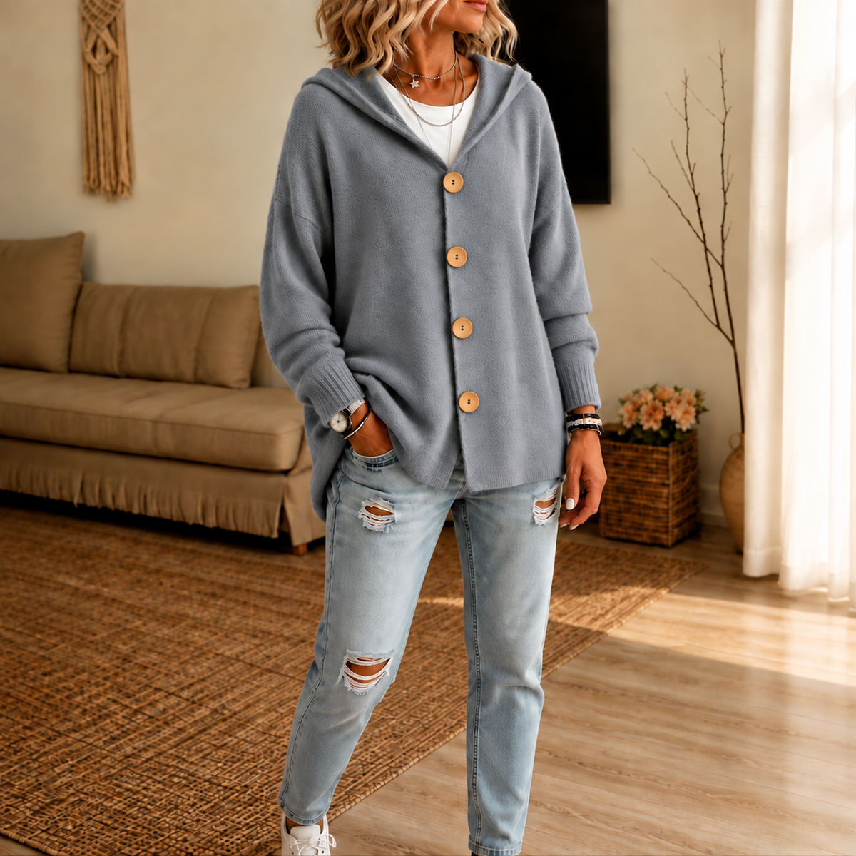 Kapuzen-Waffelstrick-Strickjacke mit Knopfleiste