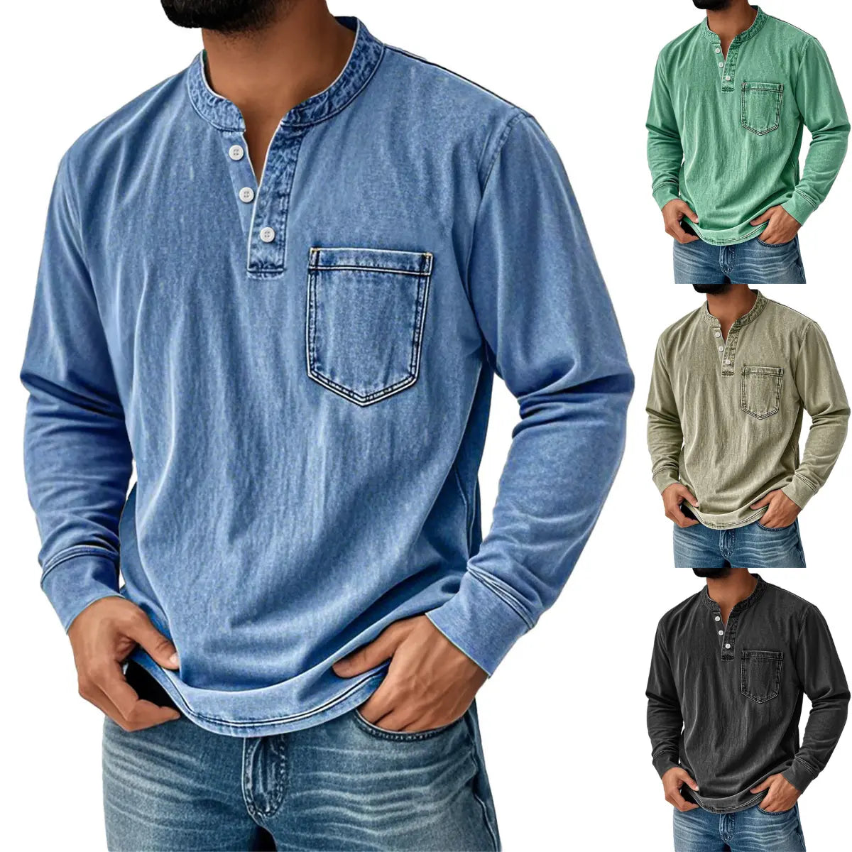 Herren-Jeanshemd mit langem Ärmel, V-Ausschnitt und Brusttasche