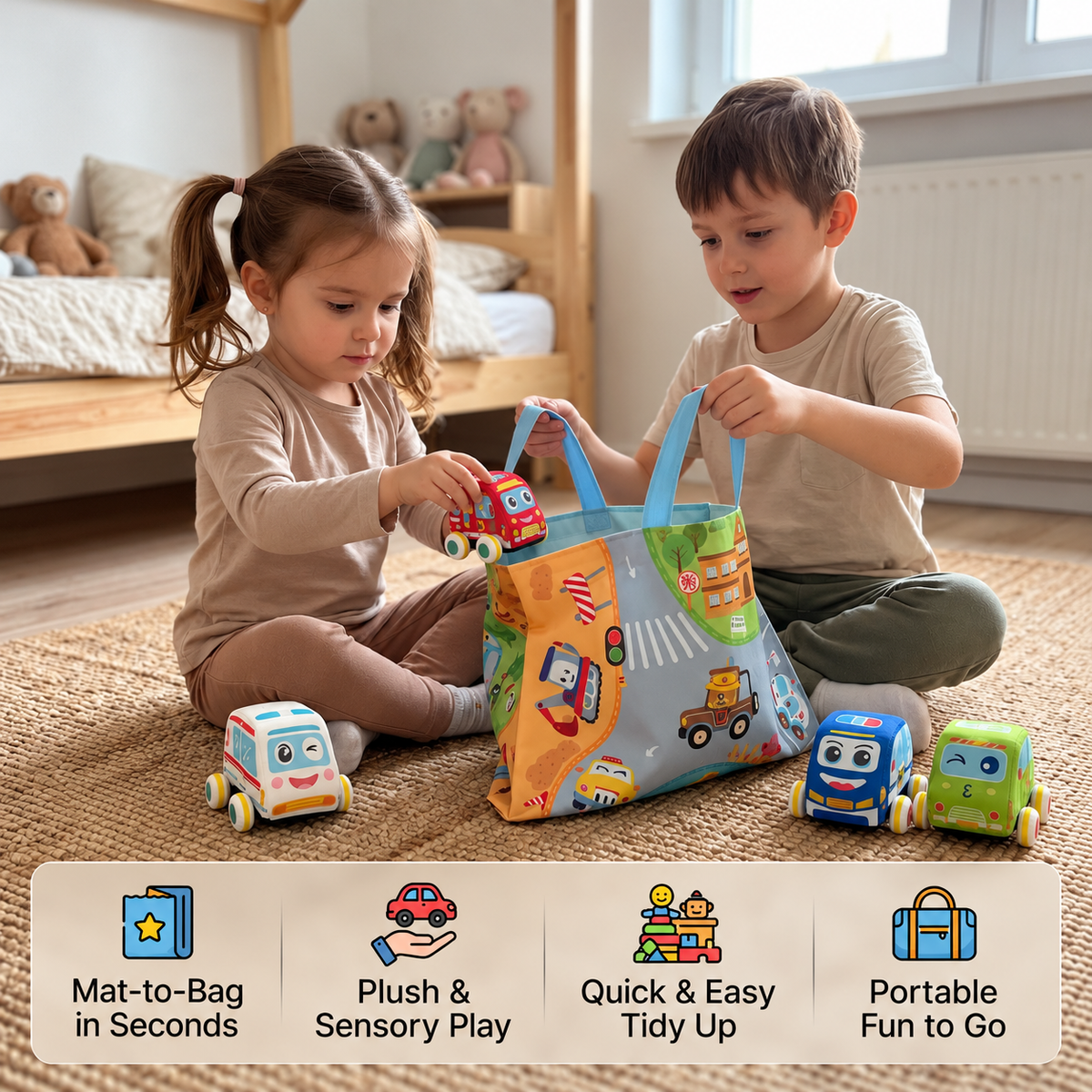 Weiches Plüsch-Rückzieh-Auto-Set mit 2-in-1-Spielmatte und Aufbewahrungstasche