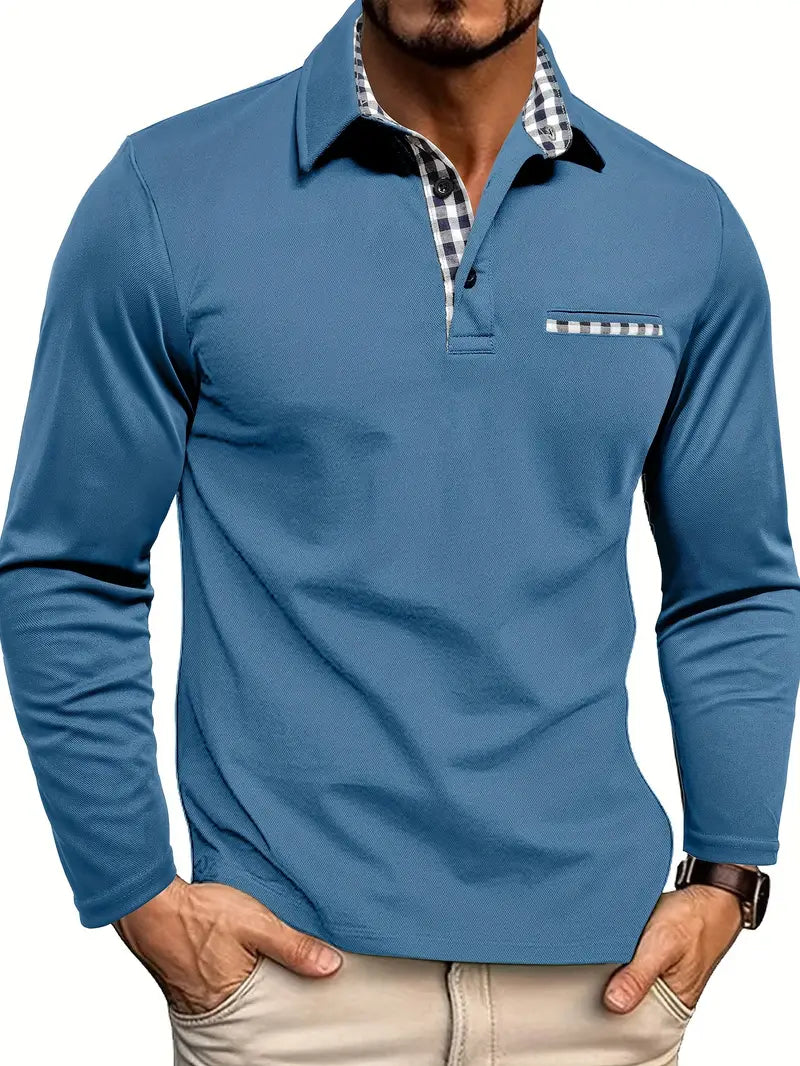 Langarm-Poloshirt mit Karo-Kontrastkragen