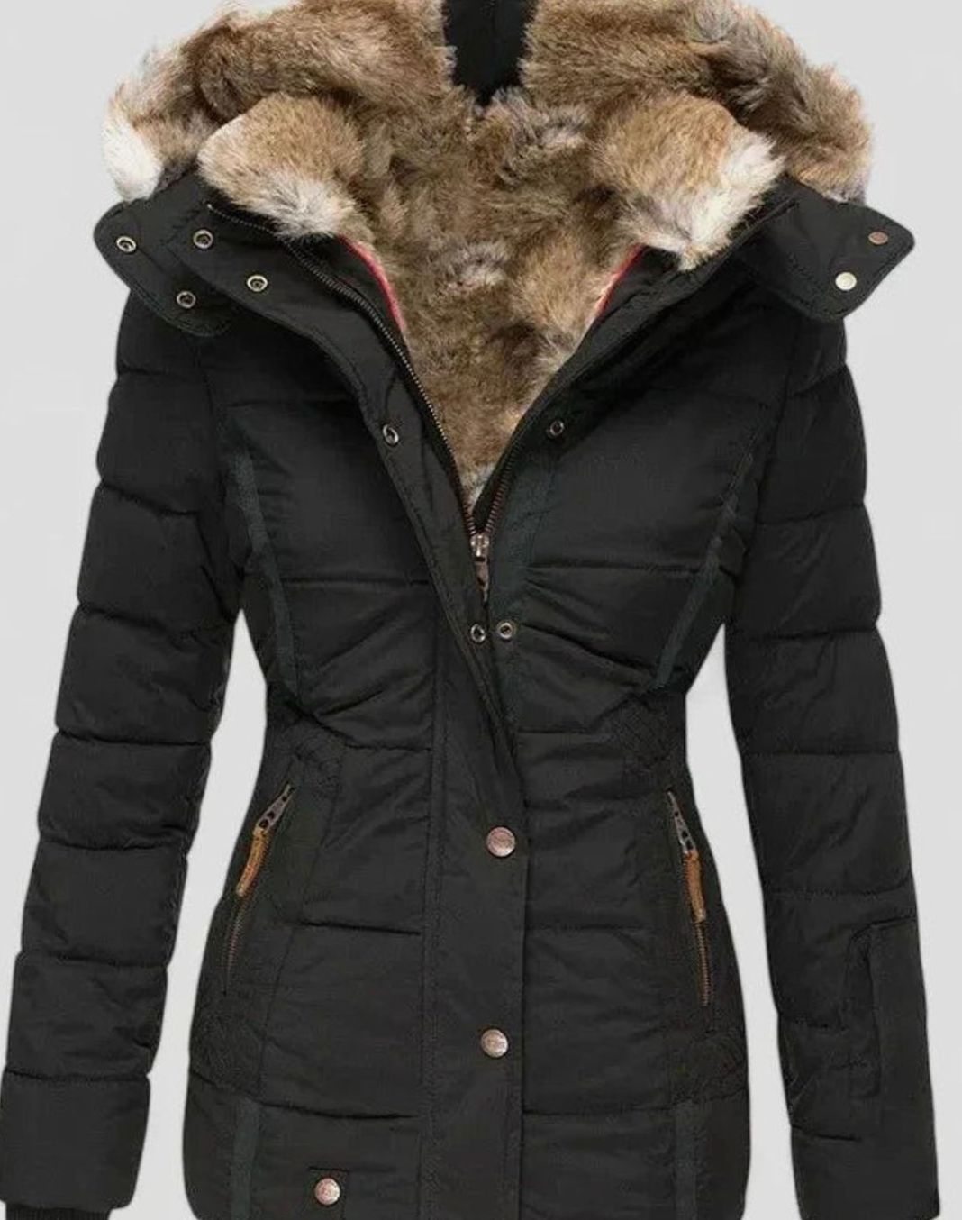 Damen Gefütterte Winterjacke mit Kunstfell-Kapuze und Taille
