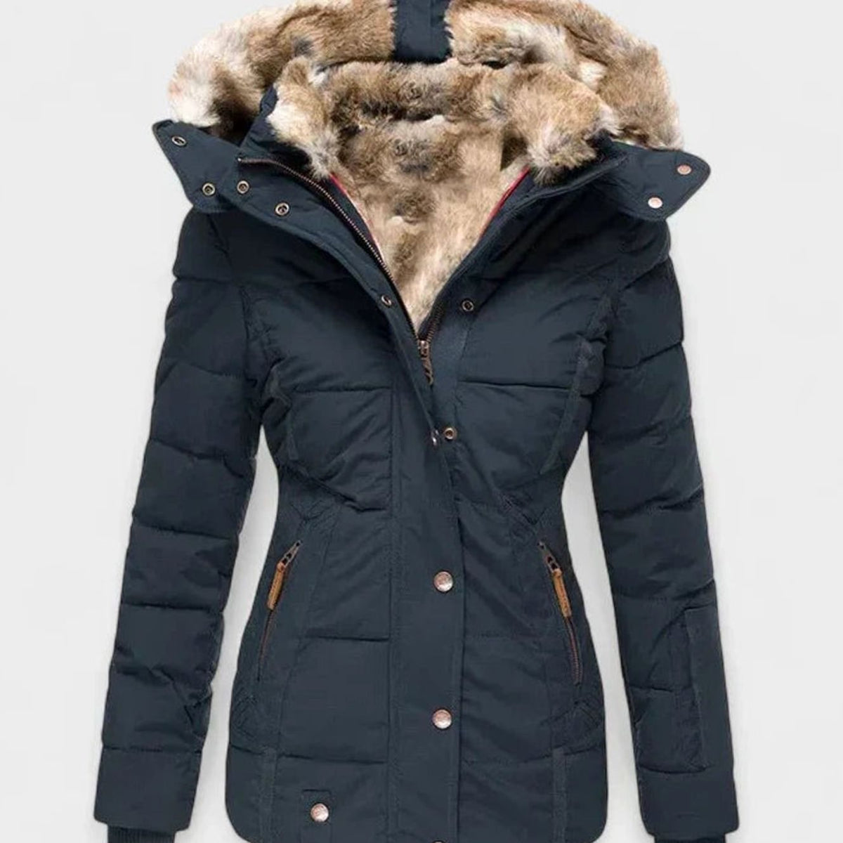 Damen Gefütterte Winterjacke mit Kunstfell-Kapuze und Taille