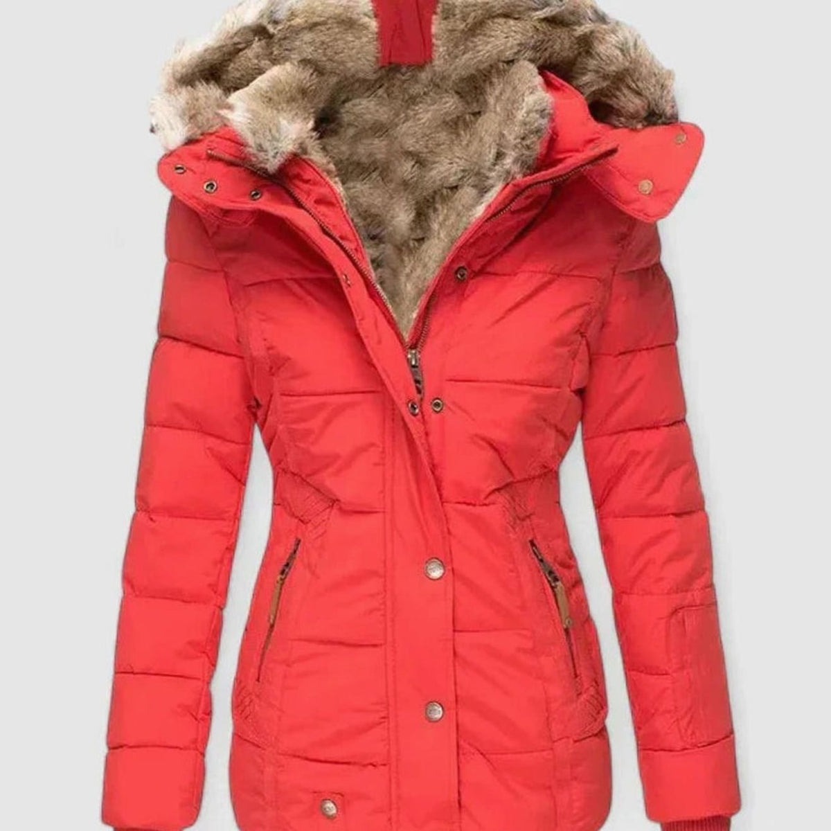 Damen Gefütterte Winterjacke mit Kunstfell-Kapuze und Taille