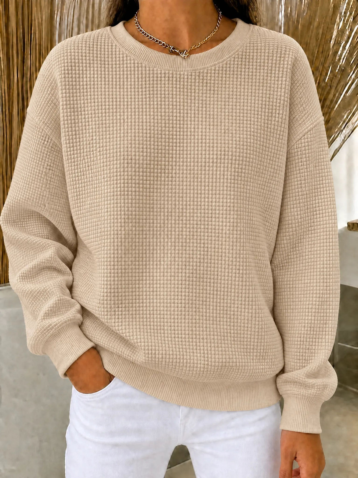 Damen Waffelstrick Rundhals Sweatshirt