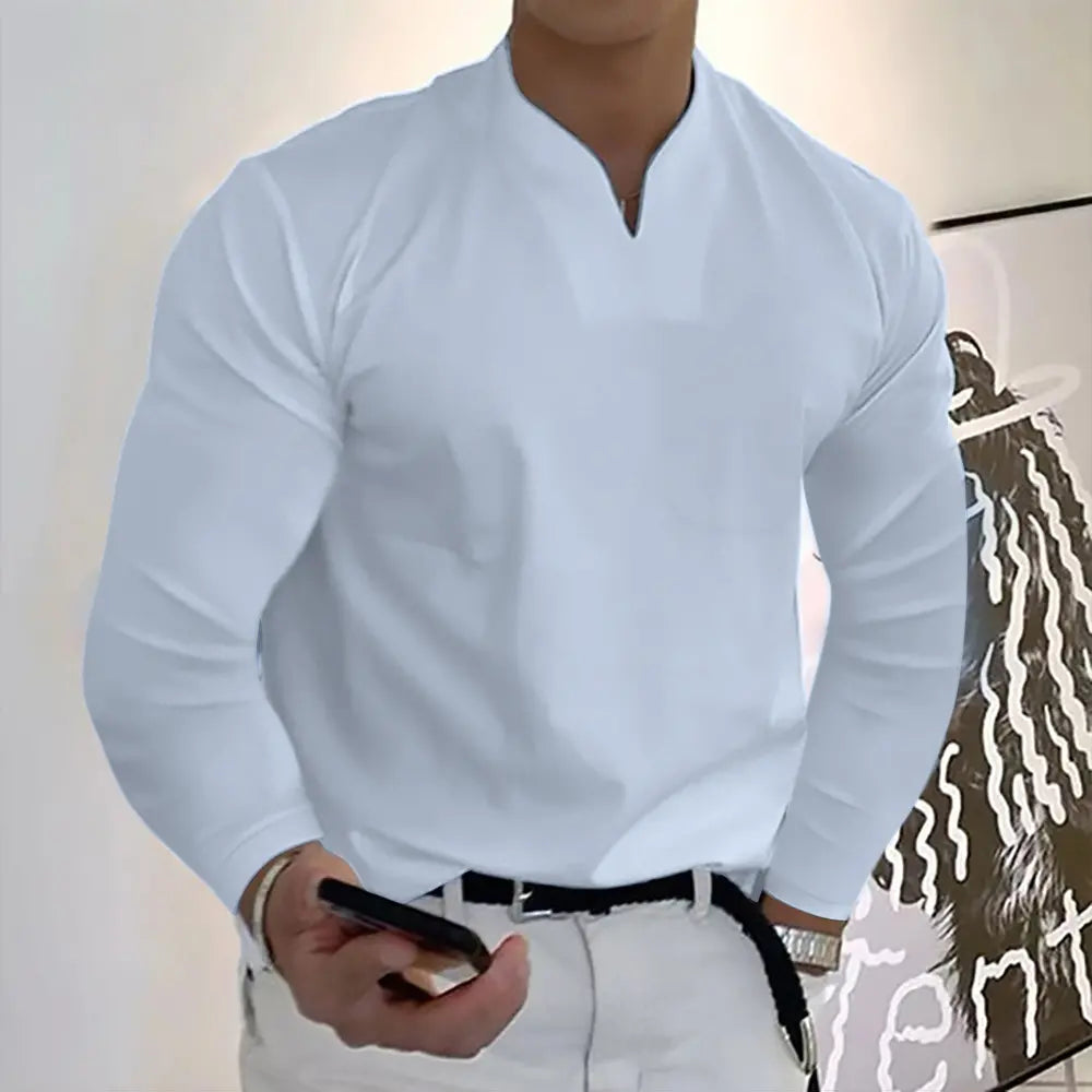 Herren Sport-T-Shirt aus Baumwolle mit langen Ärmeln und V-Ausschnitt